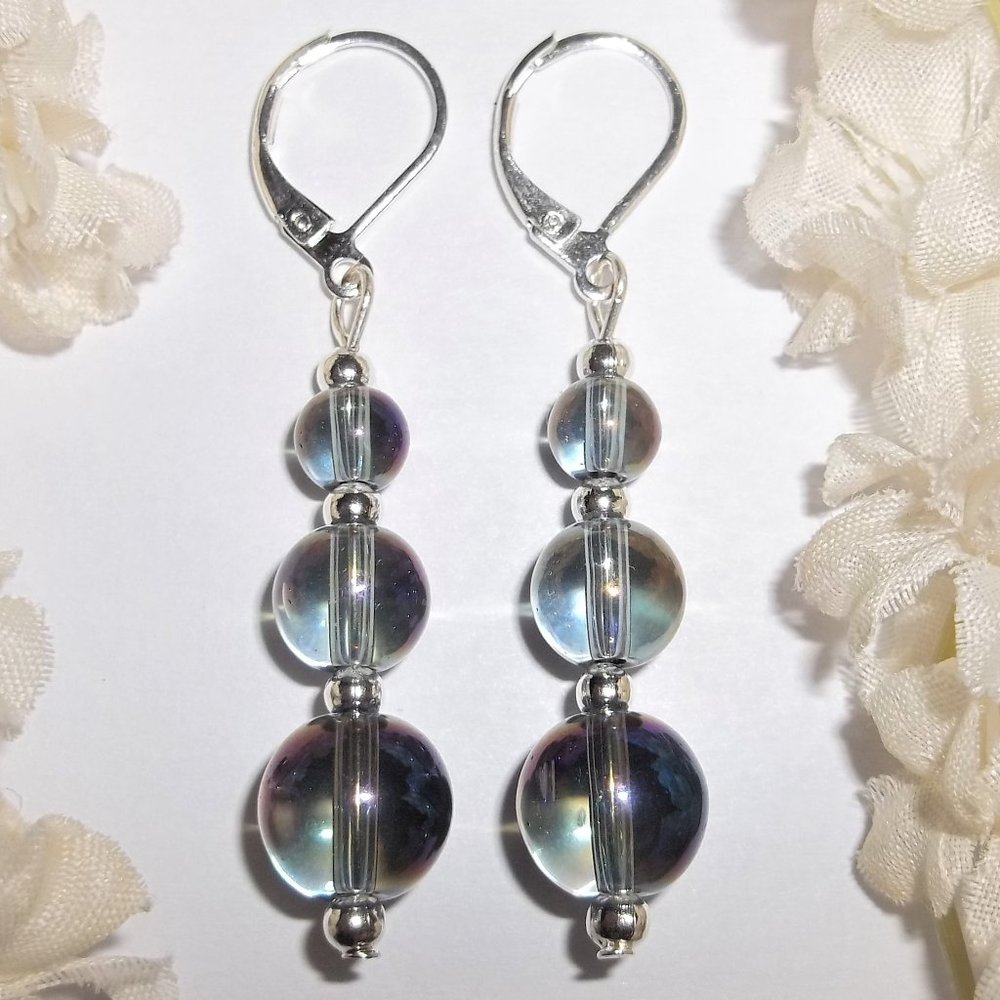 Aurora Borealis Earring Set Beaded Dangle Drop Unique Blue Purple Silver A654